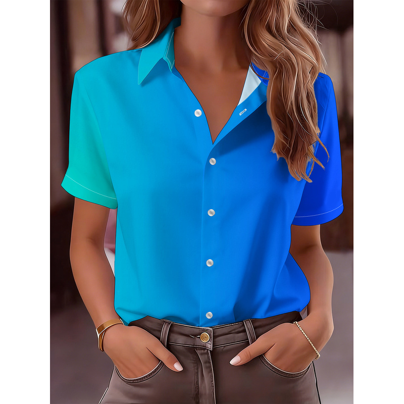 Women Formal Wear Stitching - เสื้อเชิ้ตแขนสั้นลำลองสำหรับผู้หญิง ปกเสื้อติดกระดุม พิมพ์ลายไล่เฉดสีแบบไล่ระดับ สำหรับฤดูใบไม้ผลิและฤดูร้อน สวมใส่ได้ทั้งในออฟฟิศและกึ่งทางการ ซักเครื่องได้