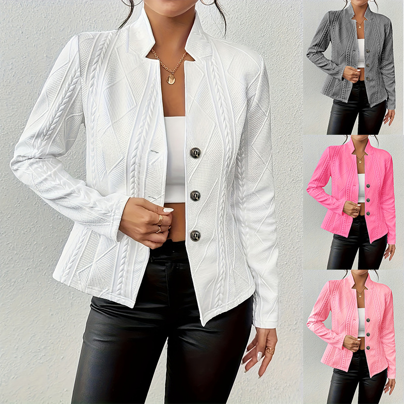Women Formal Wear Stitching - เสื้อเบลเซอร์ผู้หญิงแบบใหม่สำหรับฤดูใบไม้ร่วงและฤดูหนาว กระดุมหน้า คอตั้ง แขนยาว ทรงเข้ารูป เหมาะสำหรับใส่ทำงานและลำลอง