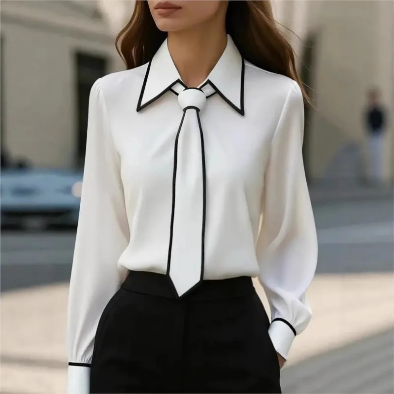 Women'S Formal Wear Suits - เสื้อเบลาส์แฟชั่นผู้หญิง เสื้อเชิ้ตทรงทางการ ผูกโบว์ แขนยาว แต่งขอบตัดกัน ทรงเข้ารูป