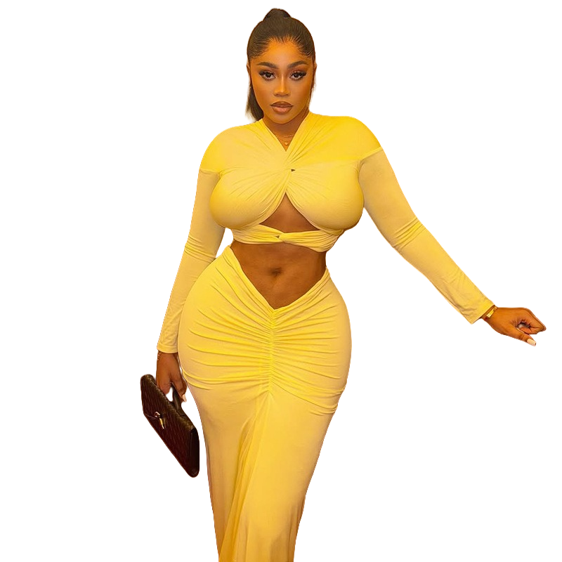 Pencil Skirt Midi - ผู้หญิงคอวีแขนยาว Hollow-OUT Crop Tops & สะโพกห่อกระโปรงยาว,จีบ,สีทึบ,เซ็กซี่,ชุด