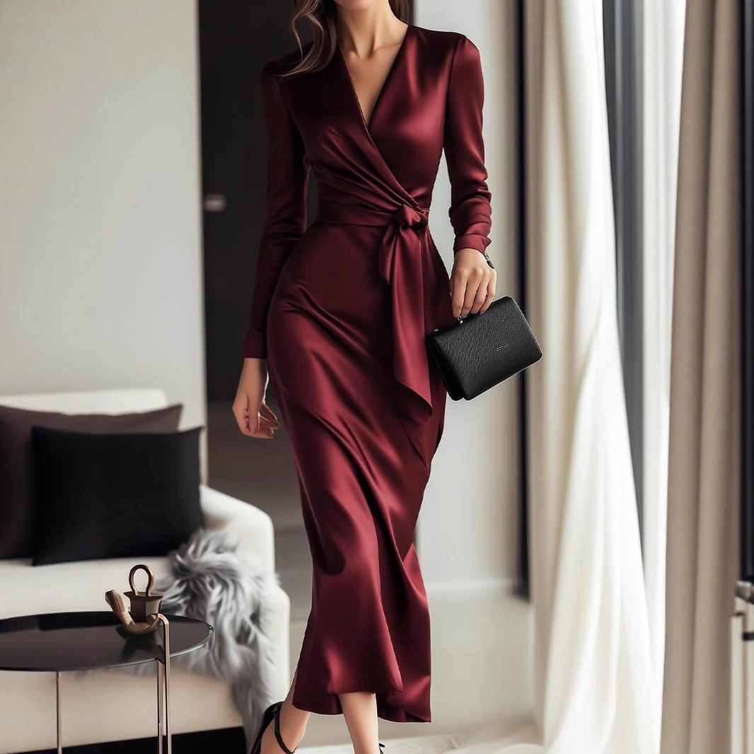 Women Formal Wear Trends - ชุดเดรสผ้าซาตินแขนยาวสำหรับฤดูใบไม้ร่วง - คอวีผูกเอว ดีไซน์หรูหรา ชุดราตรีสำหรับผู้หญิง