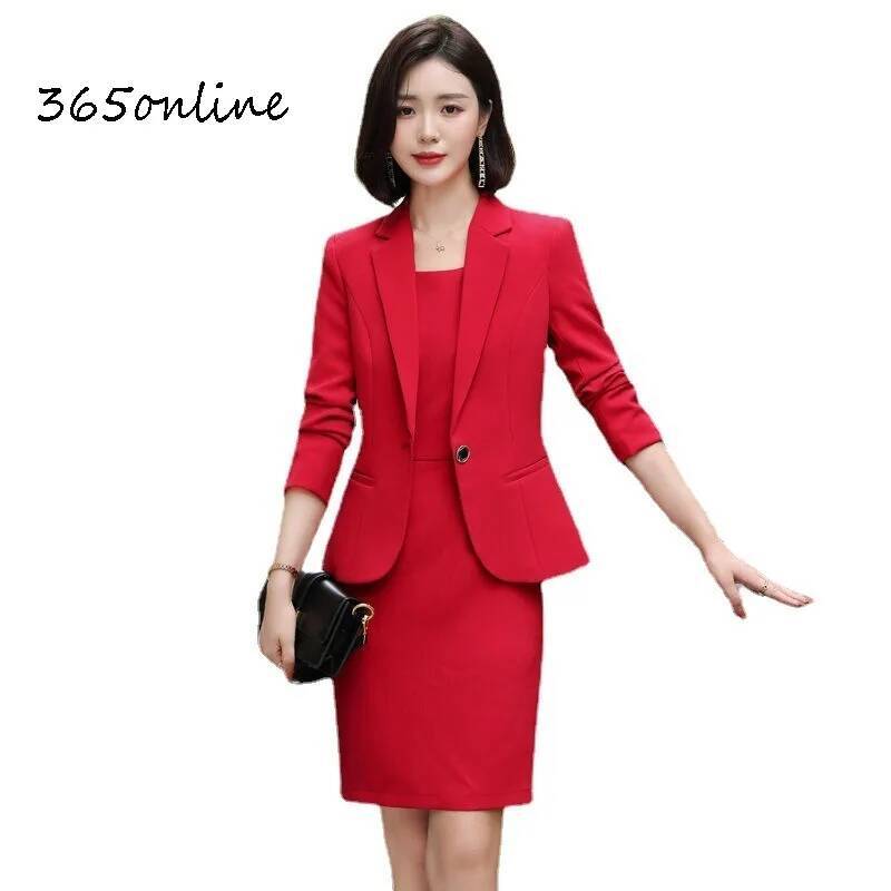 Women Formal Wear Stitching - ชุดสูททำงานผู้หญิงสไตล์แฟชั่นทางการ พร้อมเดรสและเสื้อโค้ท สไตล์ OL ชุดทำงานสำหรับสุภาพสตรี เสื้อเบลเซอร์สำหรับมืออาชีพ