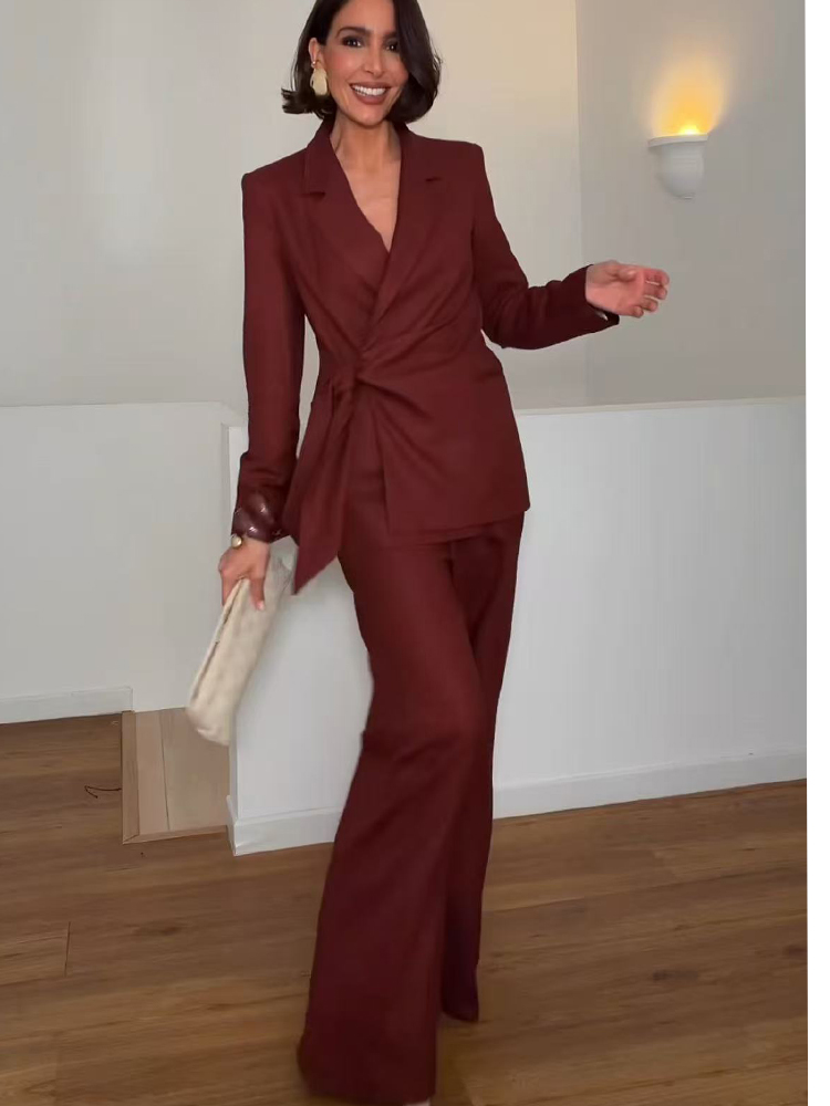 Women'S Formal Wear Suits - ชุดสูทแฟชั่นสำหรับสุภาพสตรี เสื้อเบลเซอร์ทรงเข้ารูป แต่งเชือกผูก พร้อมกางเกงขายาวทรงตรง สไตล์หรูหรา เหมาะสำหรับใส่ทำงาน