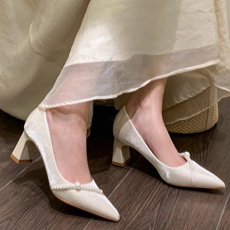 Women Formal Wear For Office - รองเท้าส้นตึกหัวแหลมประดับมุกสุดหรู สไตล์เรียบง่าย ใส่สบาย เหมาะสำหรับใส่ทำงานสำหรับผู้หญิง