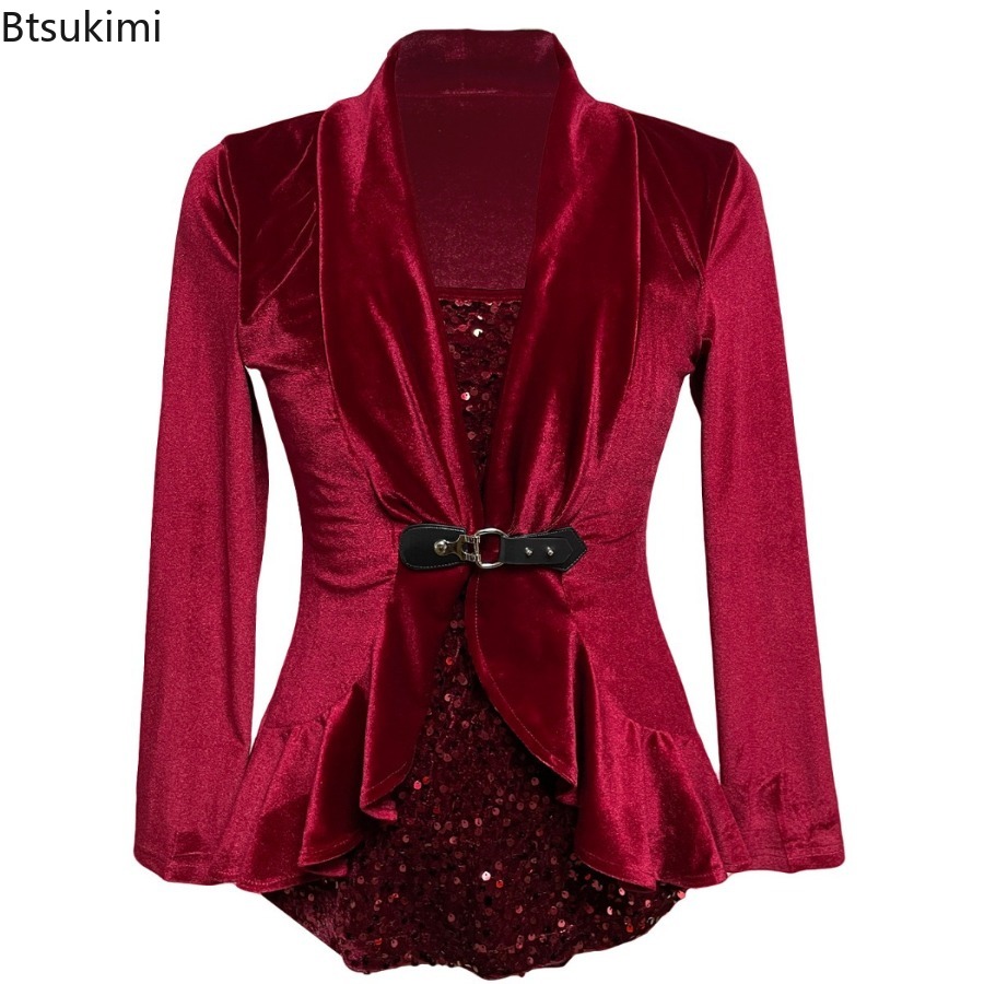 Women Formal Wear Stitching - เสื้อแจ็คเก็ตแฟชั่นผู้หญิงใหม่ปี 2026 ประดับเลื่อมสุดเซ็กซี่ ตัดต่อสีสันสวยงาม เสื้อทำงานแขนยาว ติดกระดุม