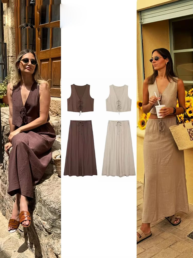 Pencil Skirt Midi - ชุดกระโปรงฤดูร้อนปี 2024 สำหรับผู้หญิง เสื้อกั๊กทรงเข้ารูปคอวีผูกเชือกแบบไม่มีแขน + กระโปรงพลีททรงหลวมสบายๆ
