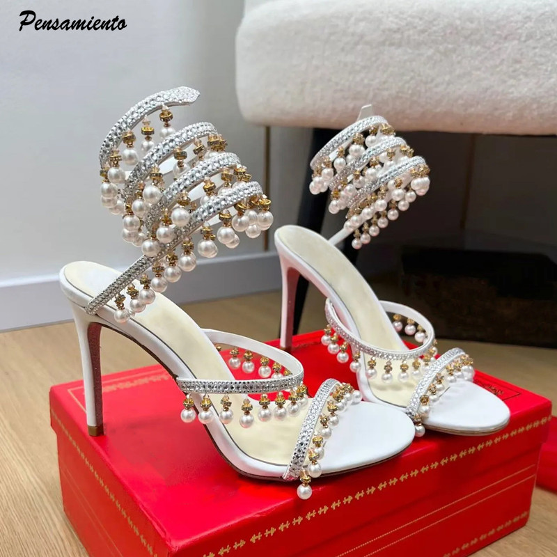Women'S Formal Wear To A Wedding - รองเท้าส้นสูงประดับมุกและคริสตัลหรูหรา สไตล์กลาดิเอเตอร์ สายรัดข้อเท้าลายงู ผ้าซาติน เหมาะสำหรับงานเลี้ยงฤดูร้อนและงานแต่งงาน