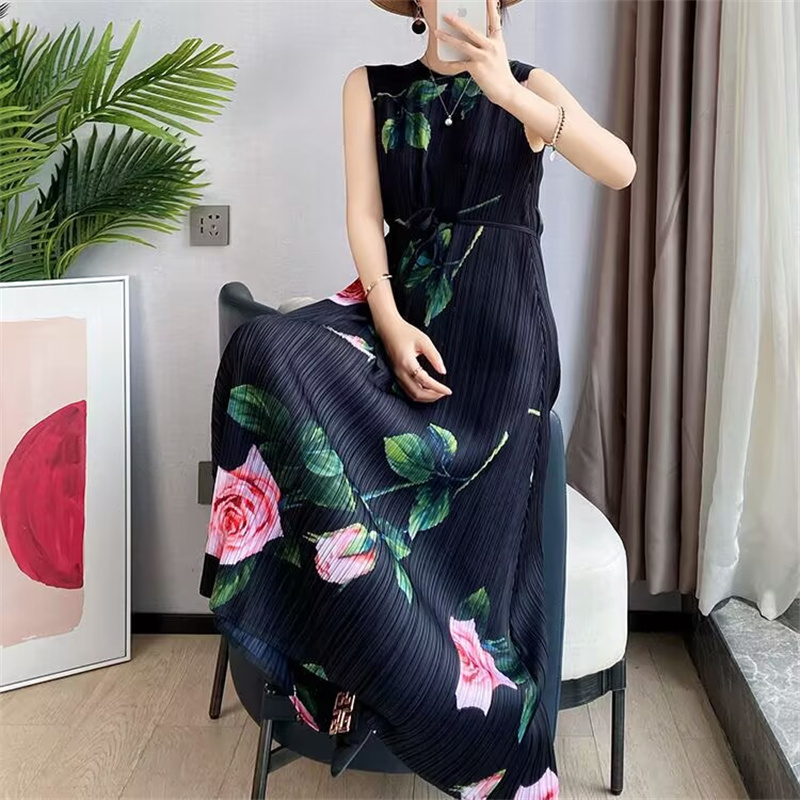 Pencil Skirt Midi - ชุดเดรสสตรีชุดราตรีMiyakeจีบRoseพิมพ์หลวมแขนกุดชุดสตรียาวฤดูร้อน 2025 ใหม่Lace-Upเสื้อกั๊กกระโปรง