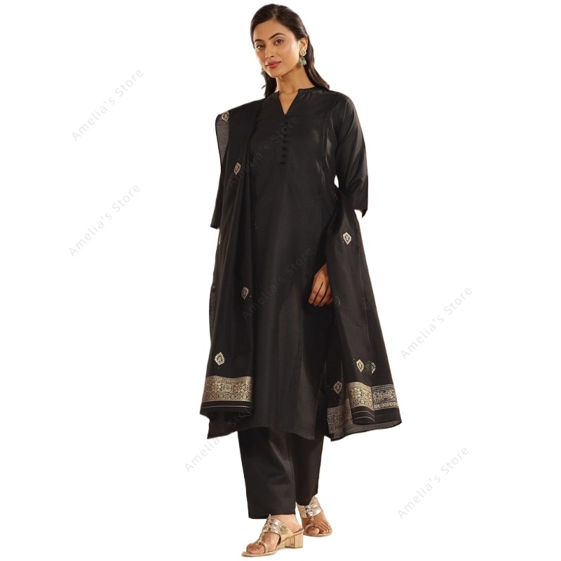 Women Formal Wear Indian - ชุดคุर्ตะ กางเกง และผ้าคลุมไหล่สีดำลายแจ็คการ์ดสำหรับผู้หญิง ชุด 3 ชิ้น
