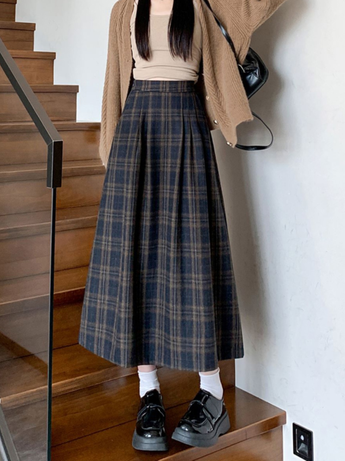 Pencil Skirt Midi - ผู้หญิงVINTAGEลายสก๊อต & BlendจีบกระโปรงยาวLadyฤดูใบไม้ผลิฤดูใบไม้ร่วงStreetwearเอวสูงกระโปรงยาวสาย