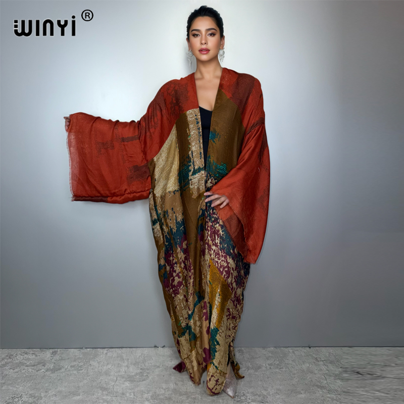 Young Women'S Formal Wear - ชุดคลุมบิกินี่แบบคาร์ดิแกนพิมพ์ลายน้ำมัน WINYI สำหรับผู้หญิง ผ้าเนื้อสัมผัสคล้ายผ้าฝ้าย ชุดเดรสแบบมุสลิม คาฟตัน