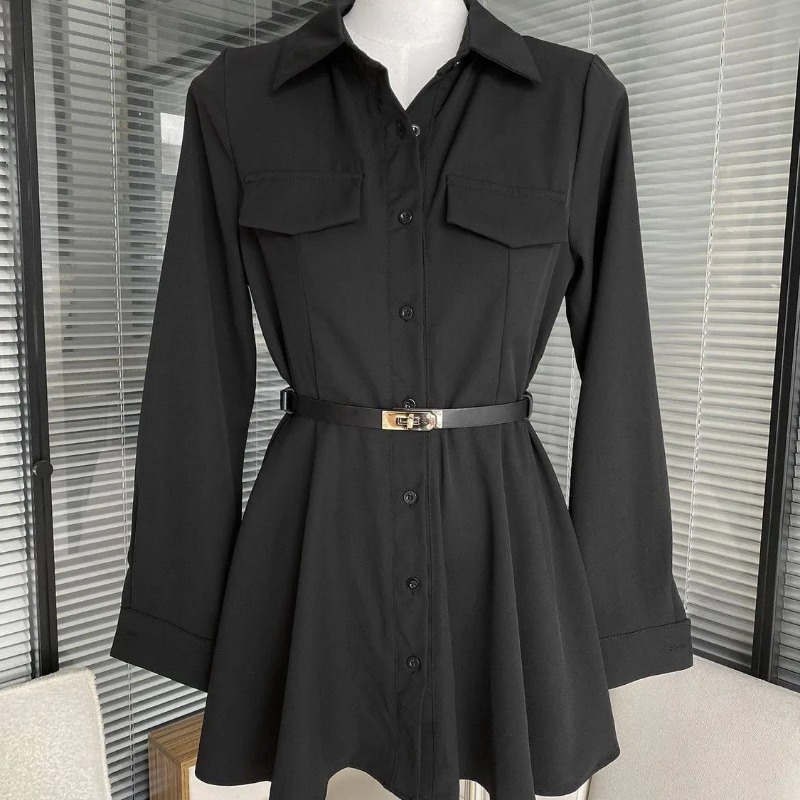 ชุดเดรสเชิ้ตสีดำแขนยาวสำหรับผู - Women Formal Wear Stitching บทวิจารณ์และราคา